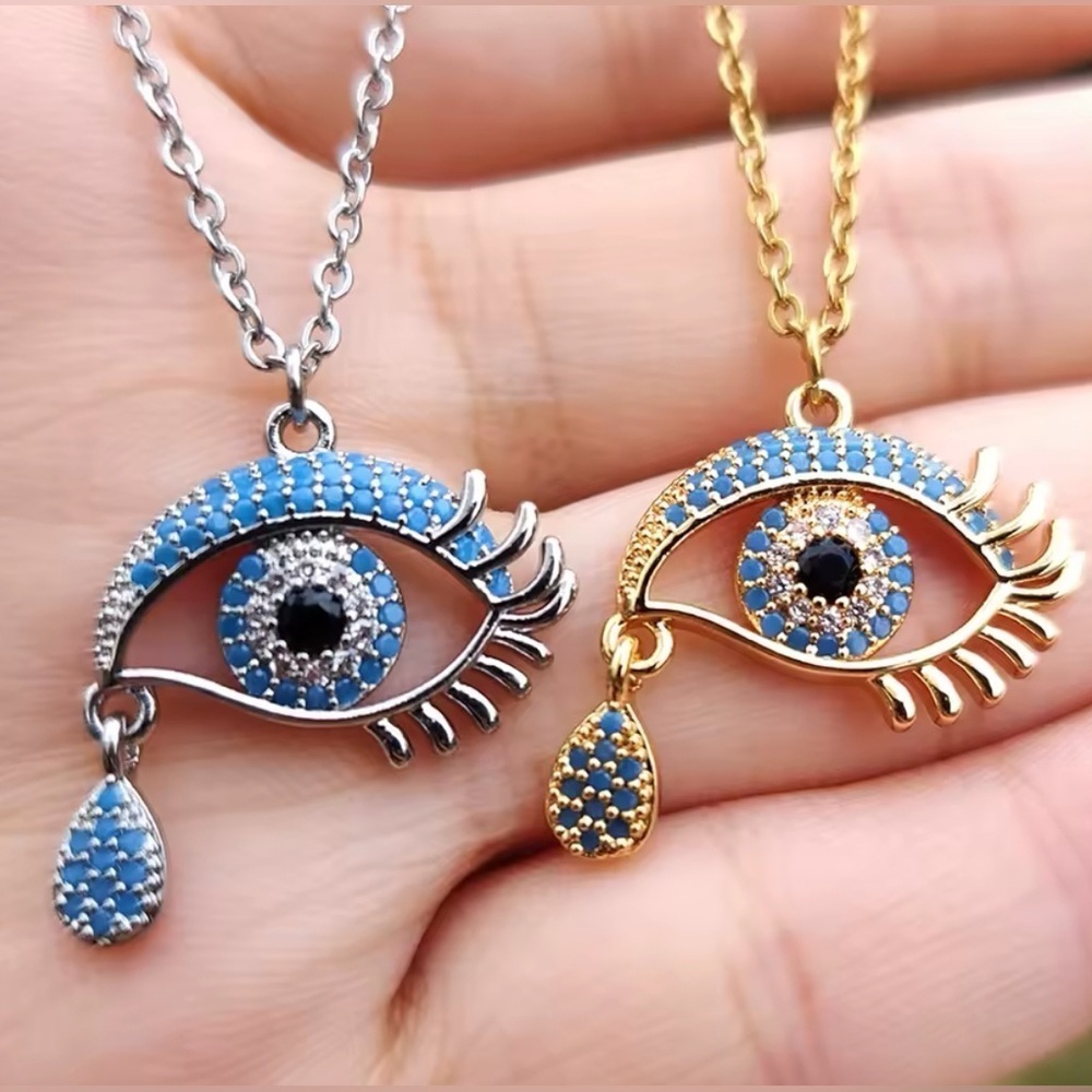 18K White Gold Turquoise & Diamond Paved Evil Eye Crying Tear Pendant Necklace - Picture 3 of 4